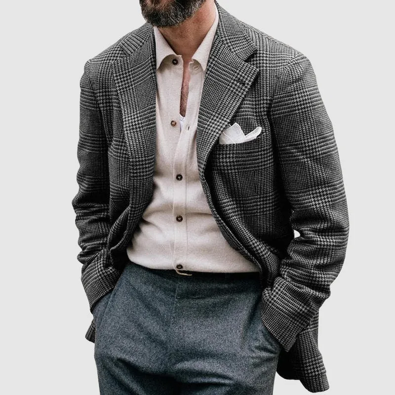 Men's casual printed double-breasted suit jacket in polyester blend, long sleeves, regular length, sizes S-5XL