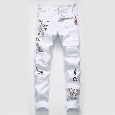 White shredded embroidery jeans for women cotton denim straight leg ankle length high waist distressed pants