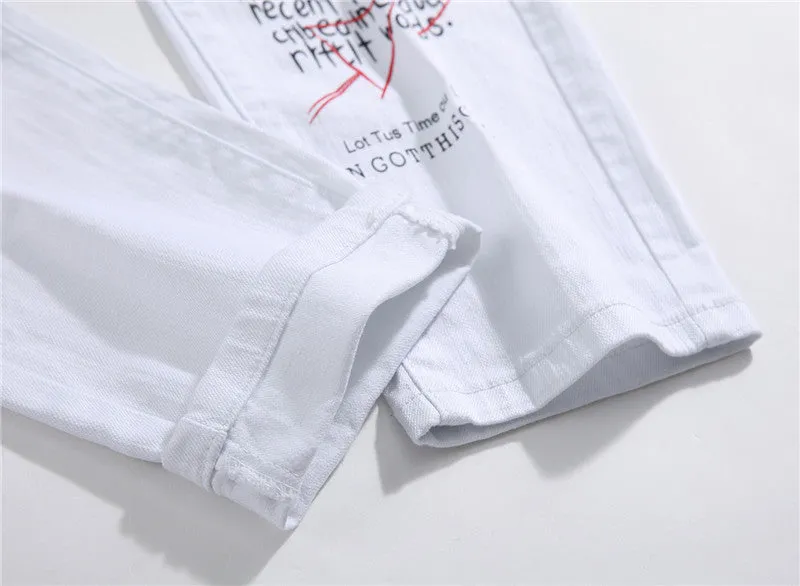 White shredded embroidery jeans for women cotton denim straight leg ankle length high waist distressed pants