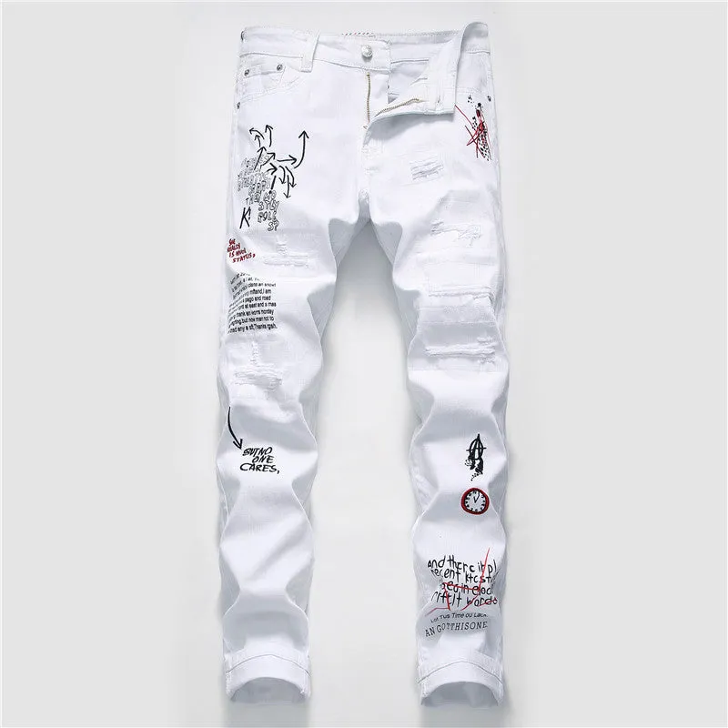 White shredded embroidery jeans for women cotton denim straight leg ankle length high waist distressed pants