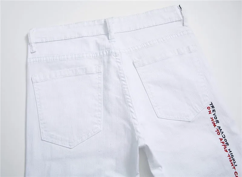 White shredded embroidery jeans for women cotton denim straight leg ankle length high waist distressed pants