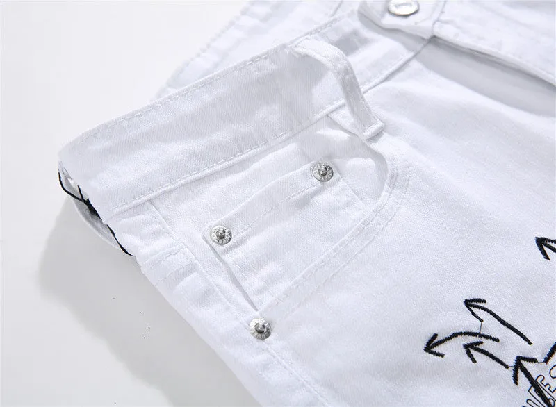 White shredded embroidery jeans for women cotton denim straight leg ankle length high waist distressed pants