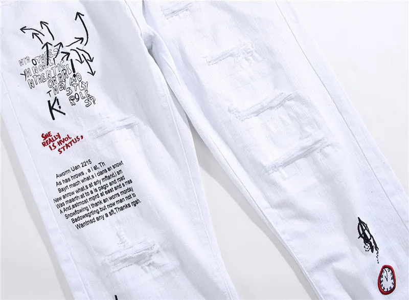 White shredded embroidery jeans for women cotton denim straight leg ankle length high waist distressed pants