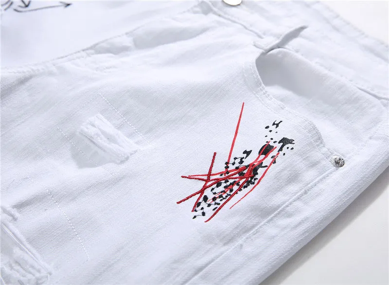 White shredded embroidery jeans for women cotton denim straight leg ankle length high waist distressed pants