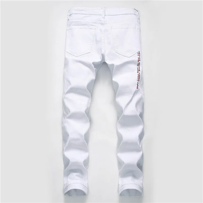 White shredded embroidery jeans for women cotton denim straight leg ankle length high waist distressed pants