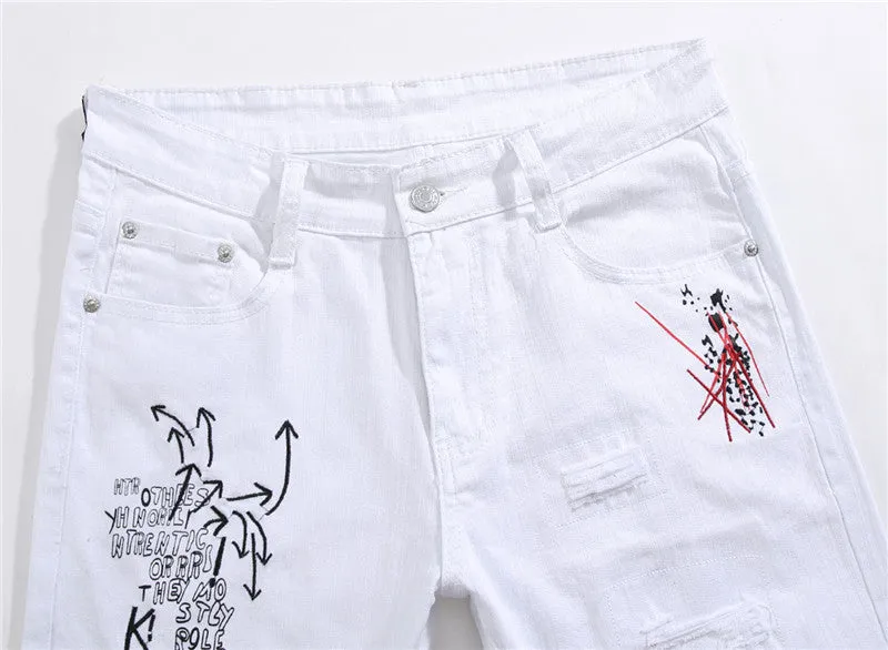 White shredded embroidery jeans for women cotton denim straight leg ankle length high waist distressed pants