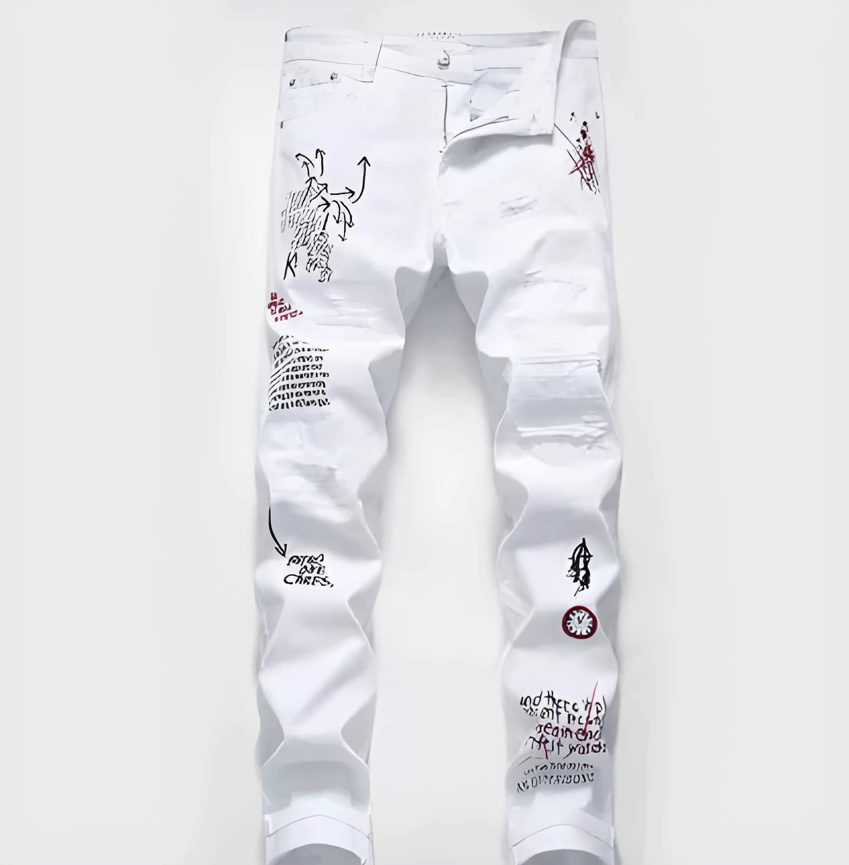 White shredded embroidery jeans for women cotton denim straight leg ankle length high waist distressed pants