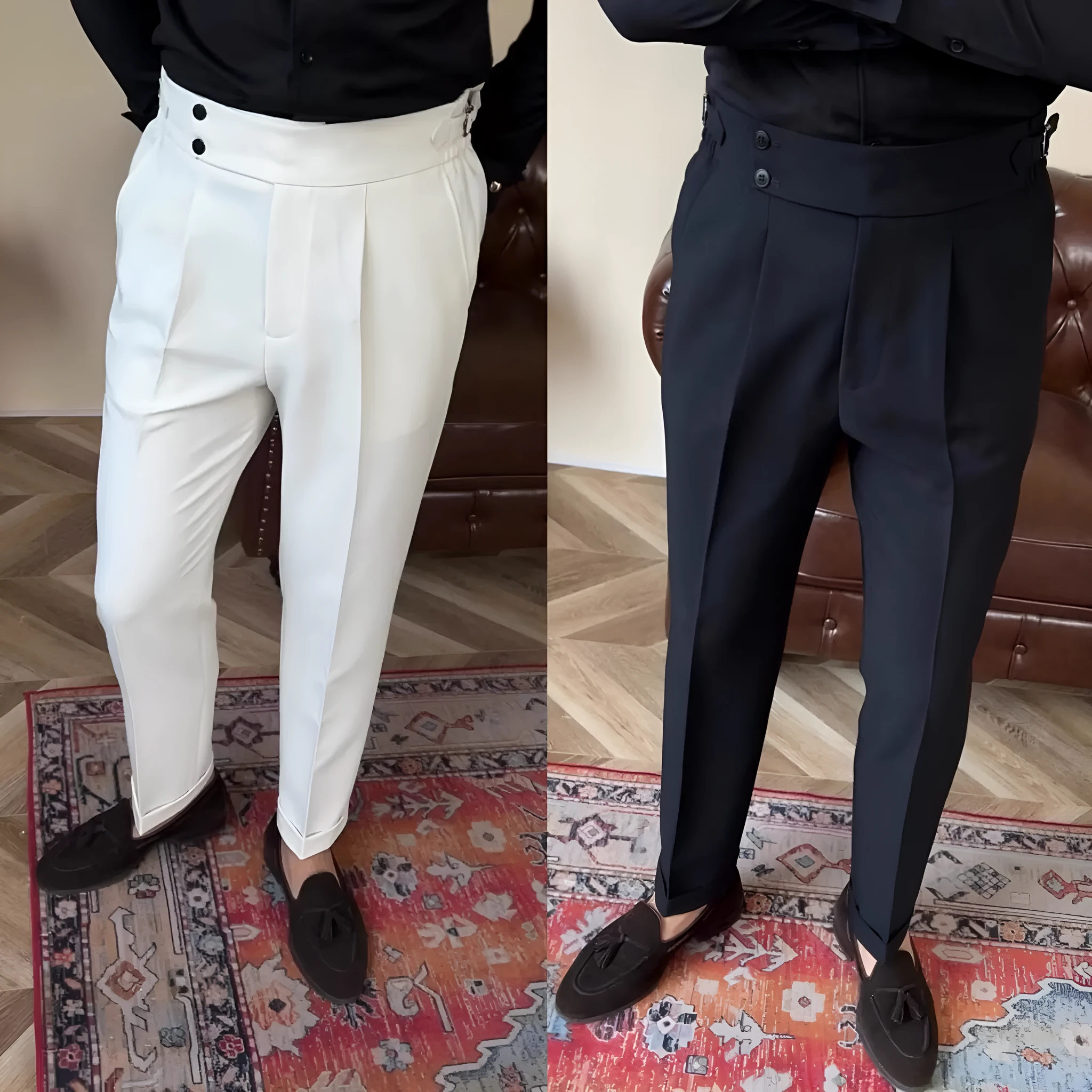 Men's high-waisted straight-leg trousers in black, white, and dark gray polyester blend fabric