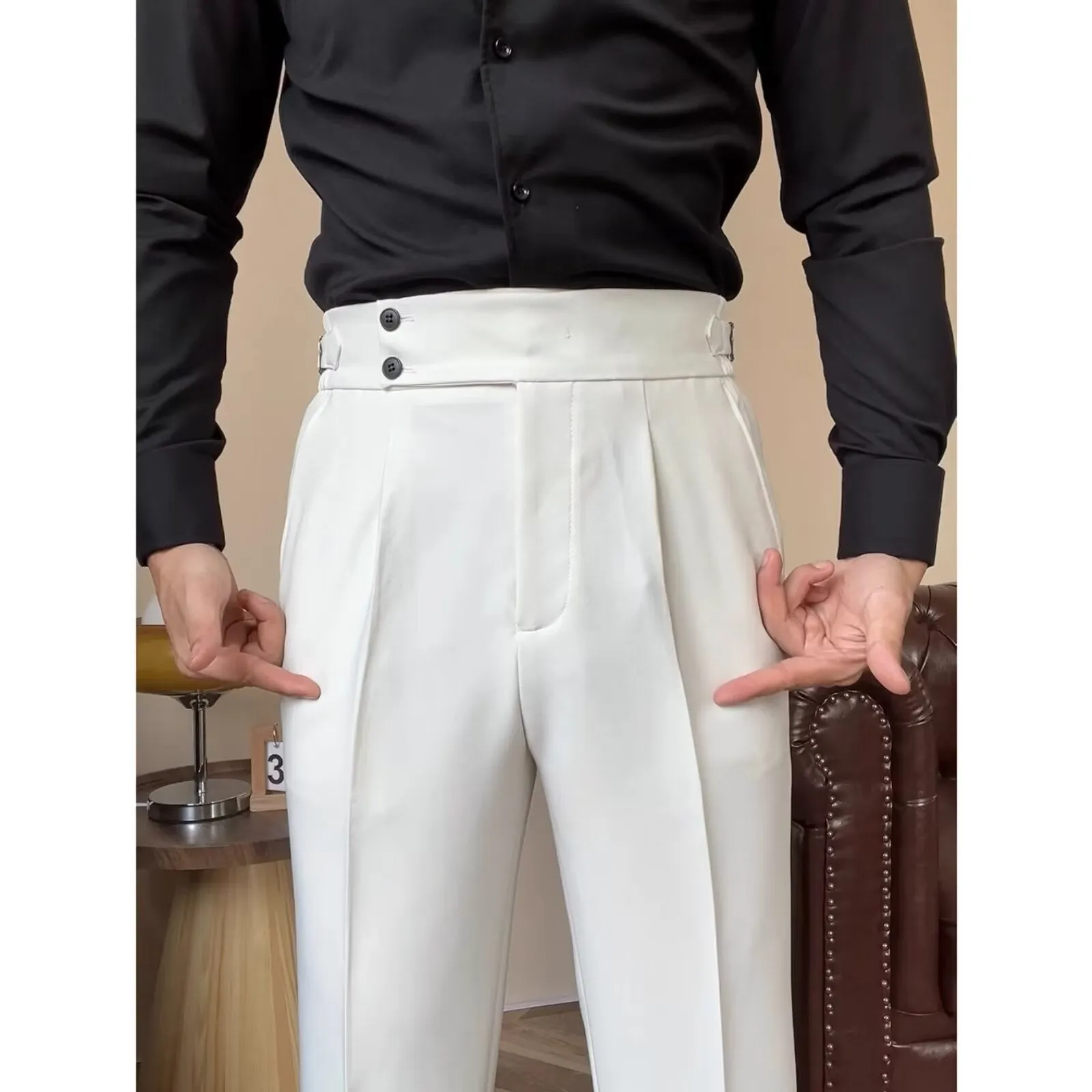 Men's high-waisted straight-leg trousers in black, white, and dark gray polyester blend fabric