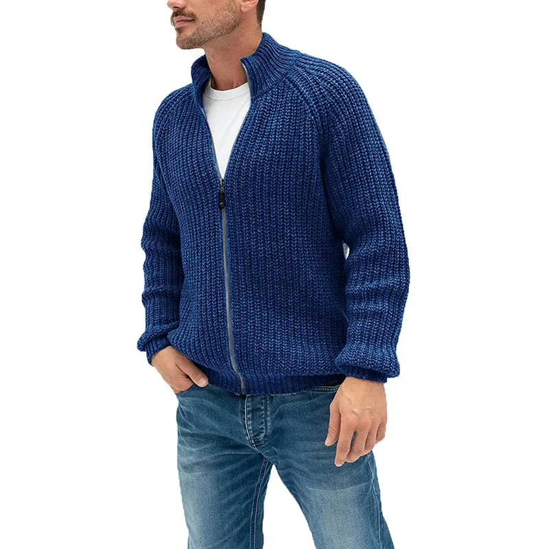 Men's solid colour zipper turtleneck cardigan sweater in acrylic with ribbed hem, available in six colours