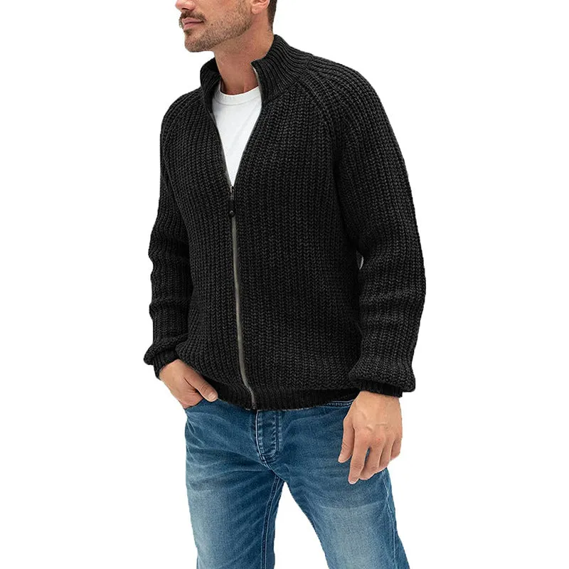 Men's solid colour zipper turtleneck cardigan sweater in acrylic with ribbed hem, available in six colours