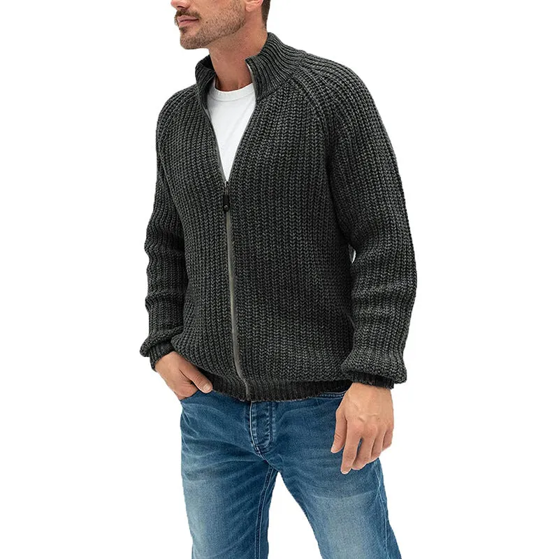 Men's solid colour zipper turtleneck cardigan sweater in acrylic with ribbed hem, available in six colours