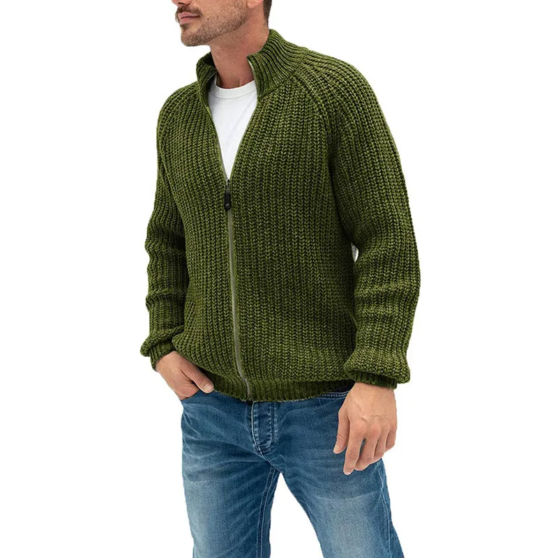 Men's solid colour zipper turtleneck cardigan sweater in acrylic with ribbed hem, available in six colours