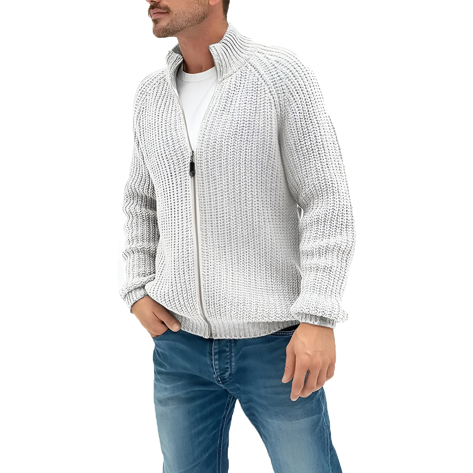 Men's solid colour zipper turtleneck cardigan sweater in acrylic with ribbed hem, available in six colours