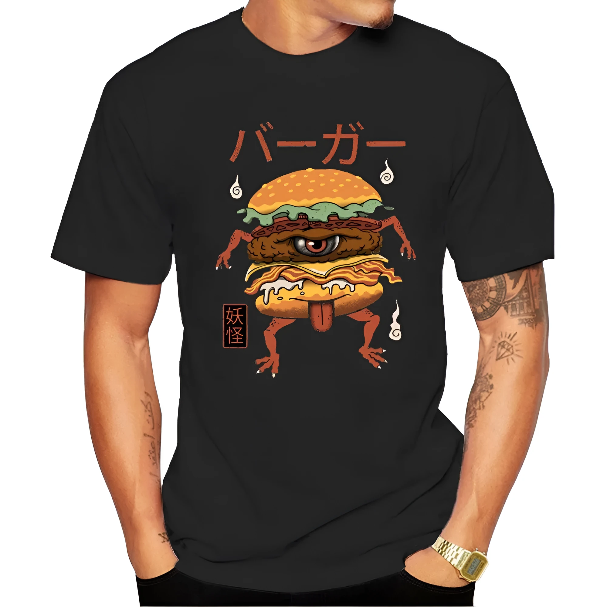 Loose fit round neck short sleeve T-shirt in black and white, front view