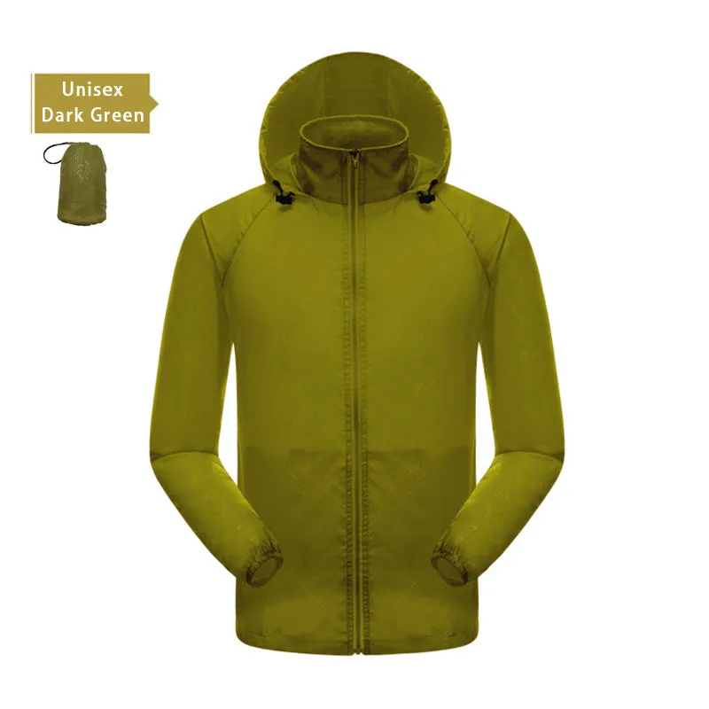 UPF40 waterproof sun protection jacket for men and women in Army Green with hood and storage bag