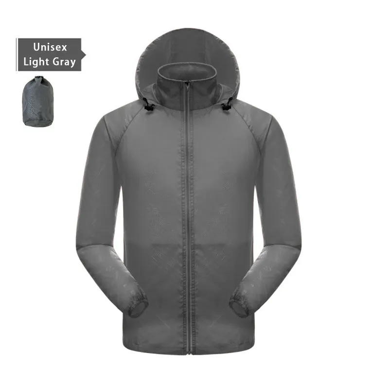 UPF40 waterproof sun protection jacket for men and women in Army Green with hood and storage bag