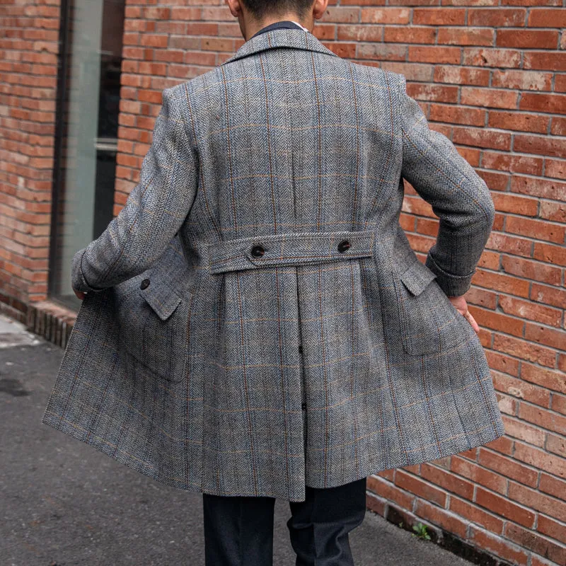 Grey wool plaid polo coat with notched lapel, single-breasted front, long sleeves, front view