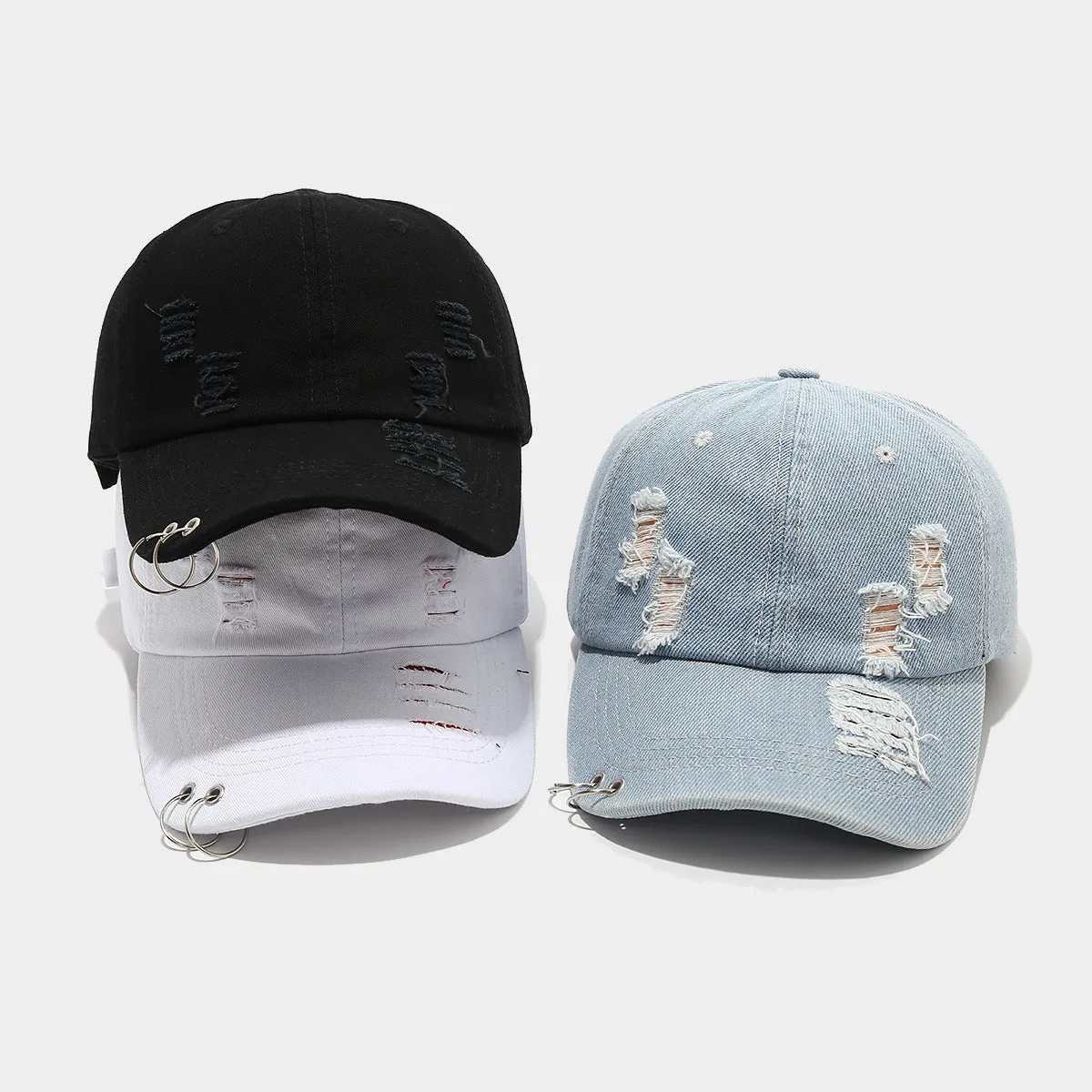 Men's adjustable denim peaked cap in black with dome crown and street style design