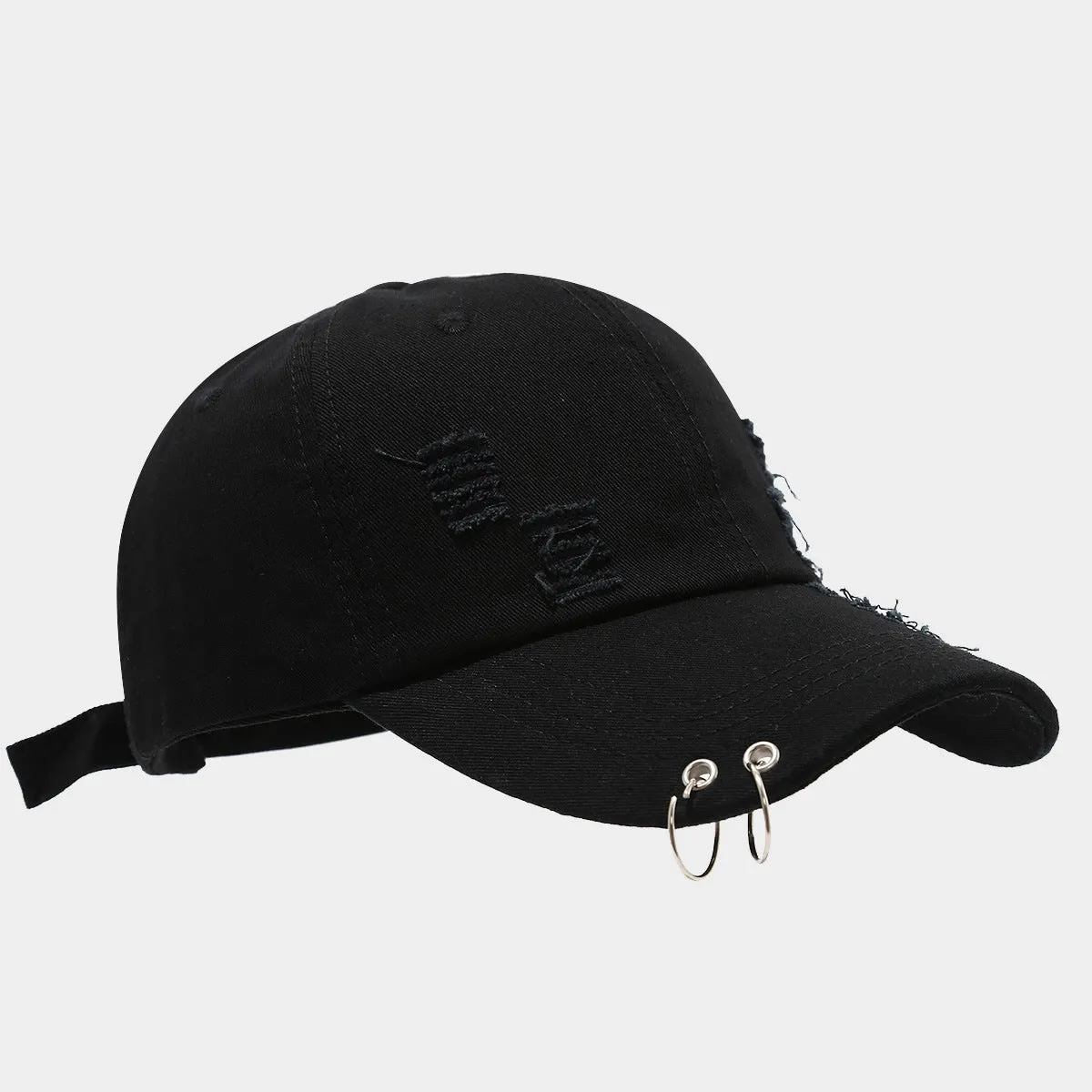 Men's adjustable denim peaked cap in black with dome crown and street style design