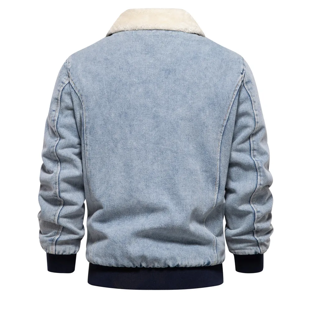 Men's plush denim jacket in European size with long sleeves and seam pockets in dark blue