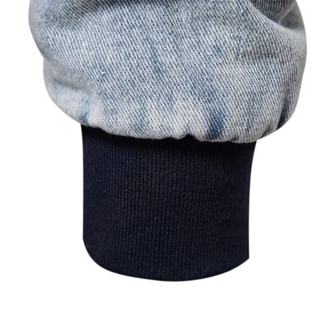 Men's plush denim jacket in European size with long sleeves and seam pockets in dark blue