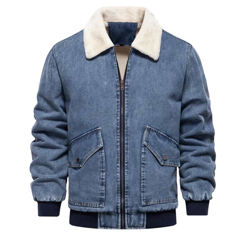 Men's plush denim jacket in European size with long sleeves and seam pockets in dark blue