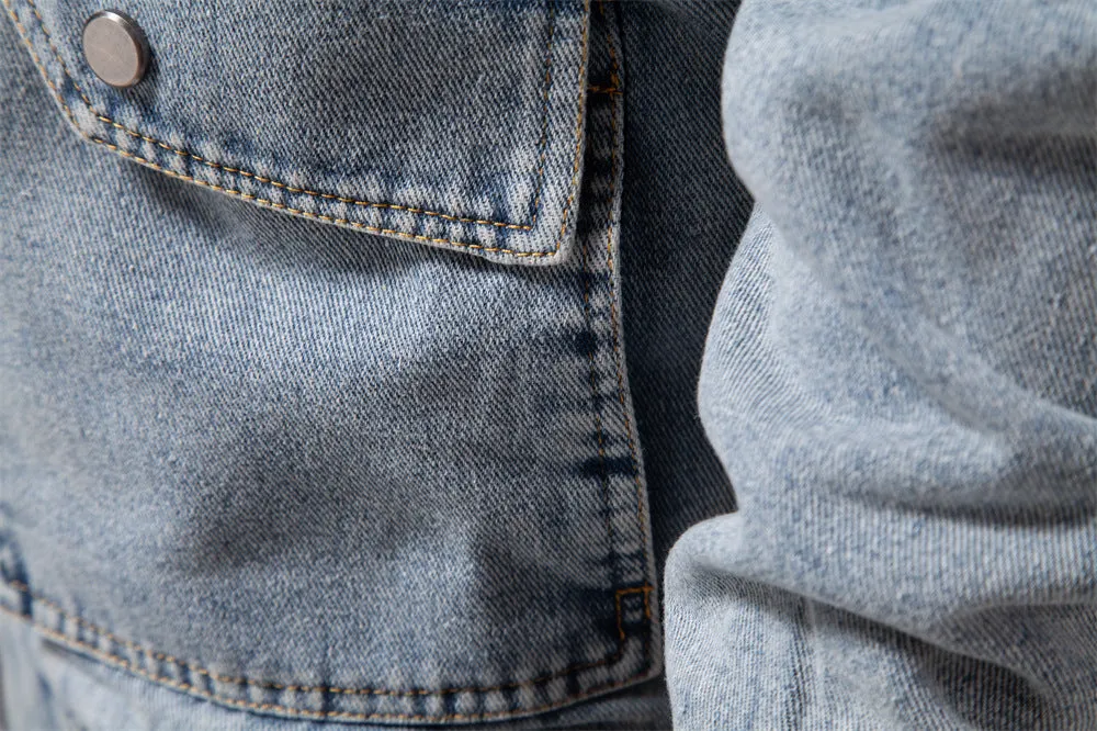 Men's plush denim jacket in European size with long sleeves and seam pockets in dark blue
