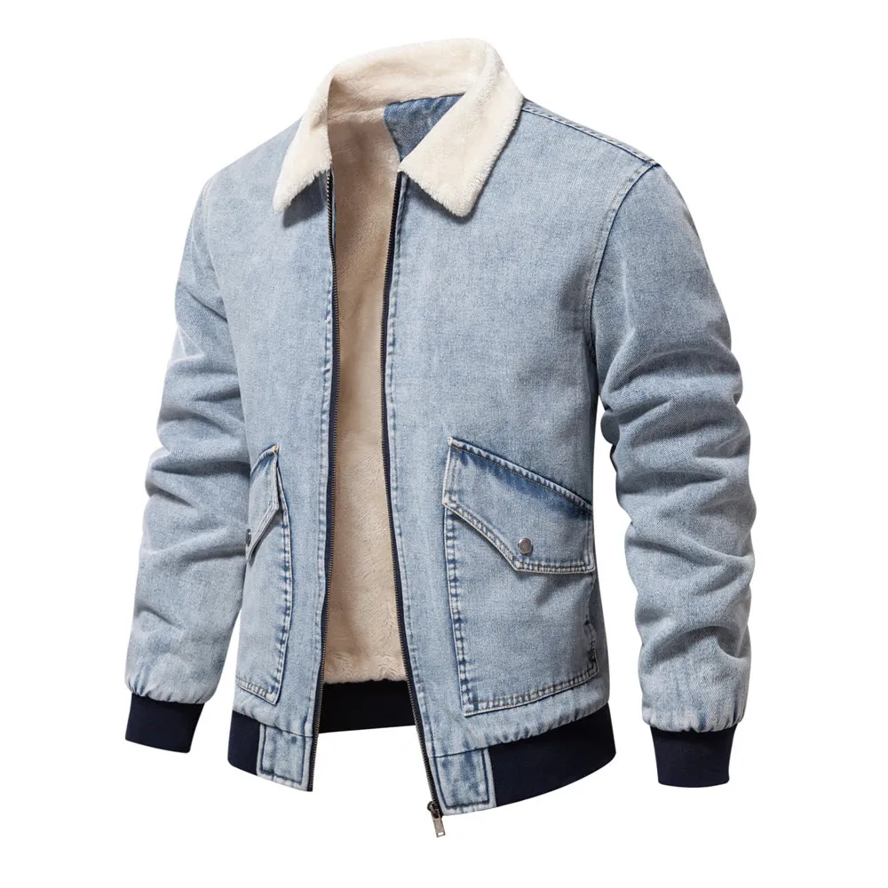 Men's plush denim jacket in European size with long sleeves and seam pockets in dark blue