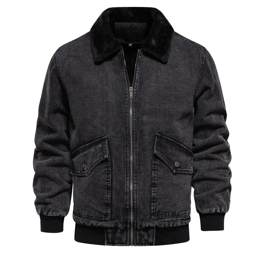 Men's plush denim jacket in European size with long sleeves and seam pockets in dark blue