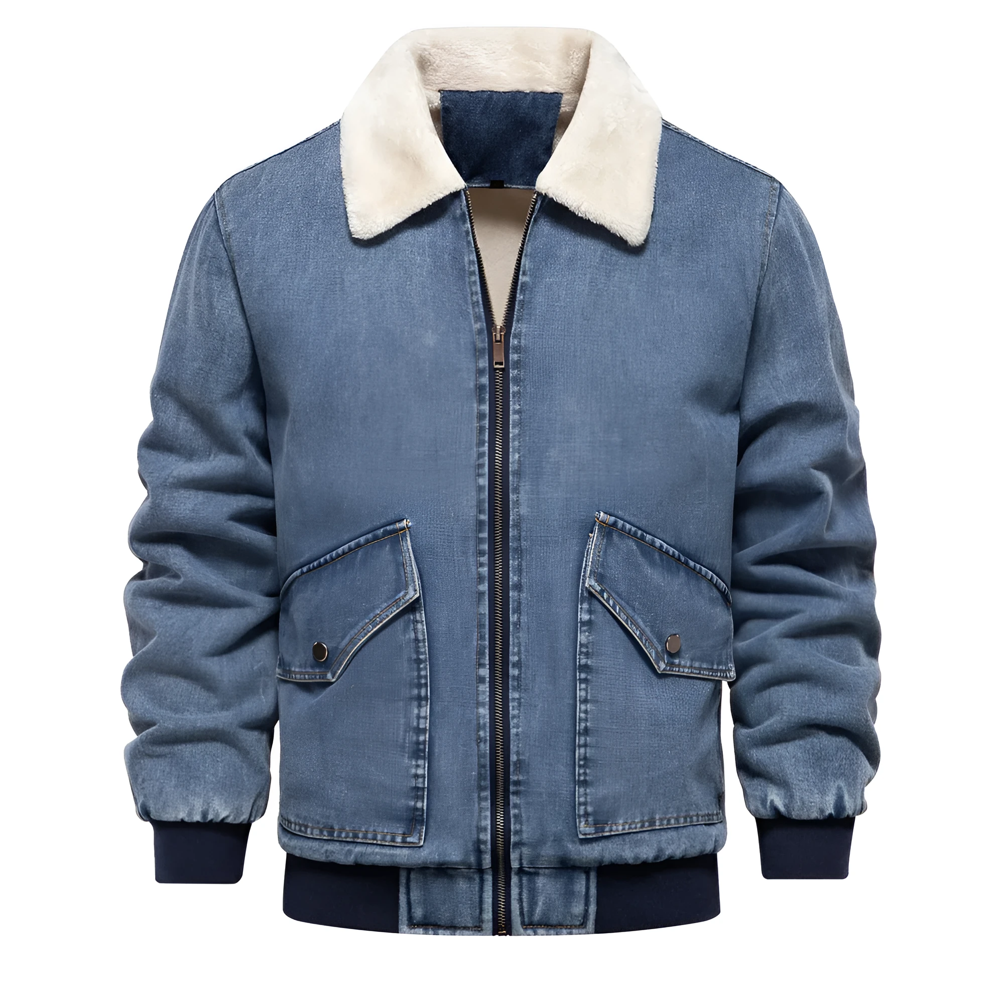 Men's plush denim jacket in European size with long sleeves and seam pockets in dark blue