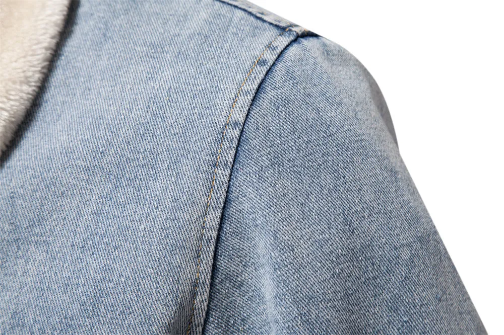 Men's plush denim jacket in European size with long sleeves and seam pockets in dark blue