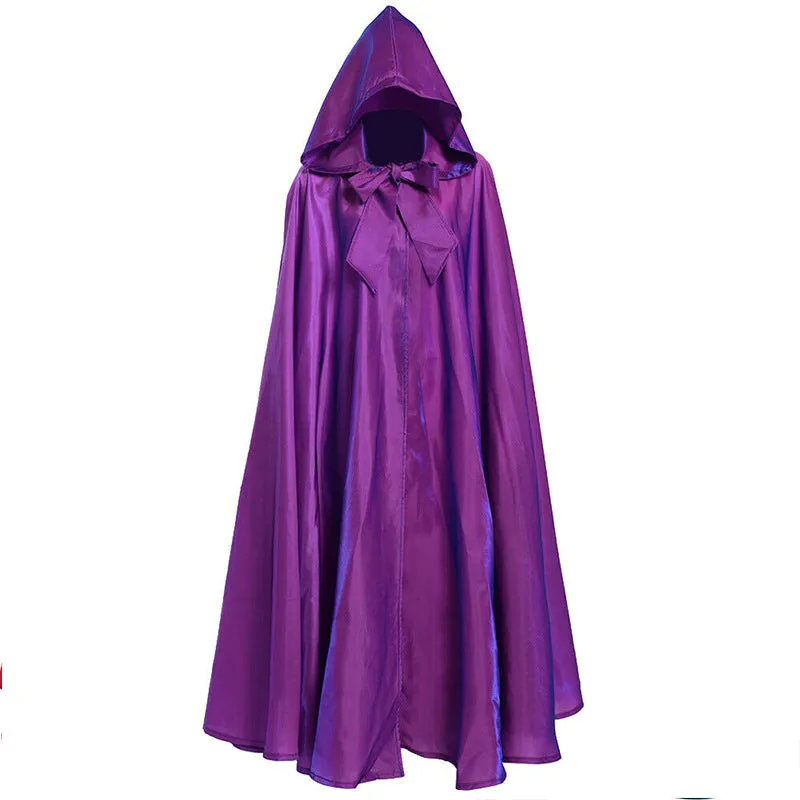 Halloween costume medieval cloak wizarding robe in polyester available in black brown green orange purple red sizes S to 2XL