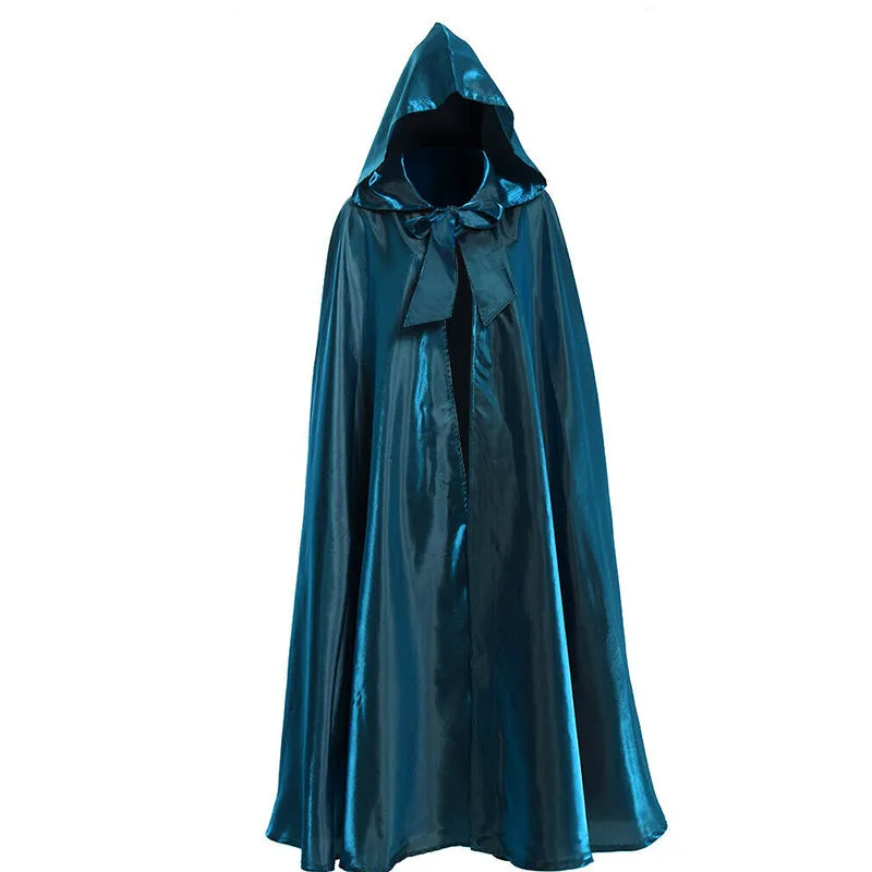 Halloween costume medieval cloak wizarding robe in polyester available in black brown green orange purple red sizes S to 2XL