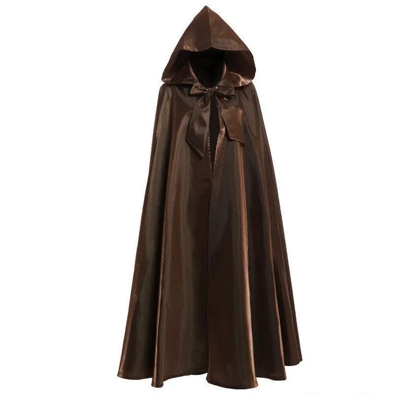 Halloween costume medieval cloak wizarding robe in polyester available in black brown green orange purple red sizes S to 2XL