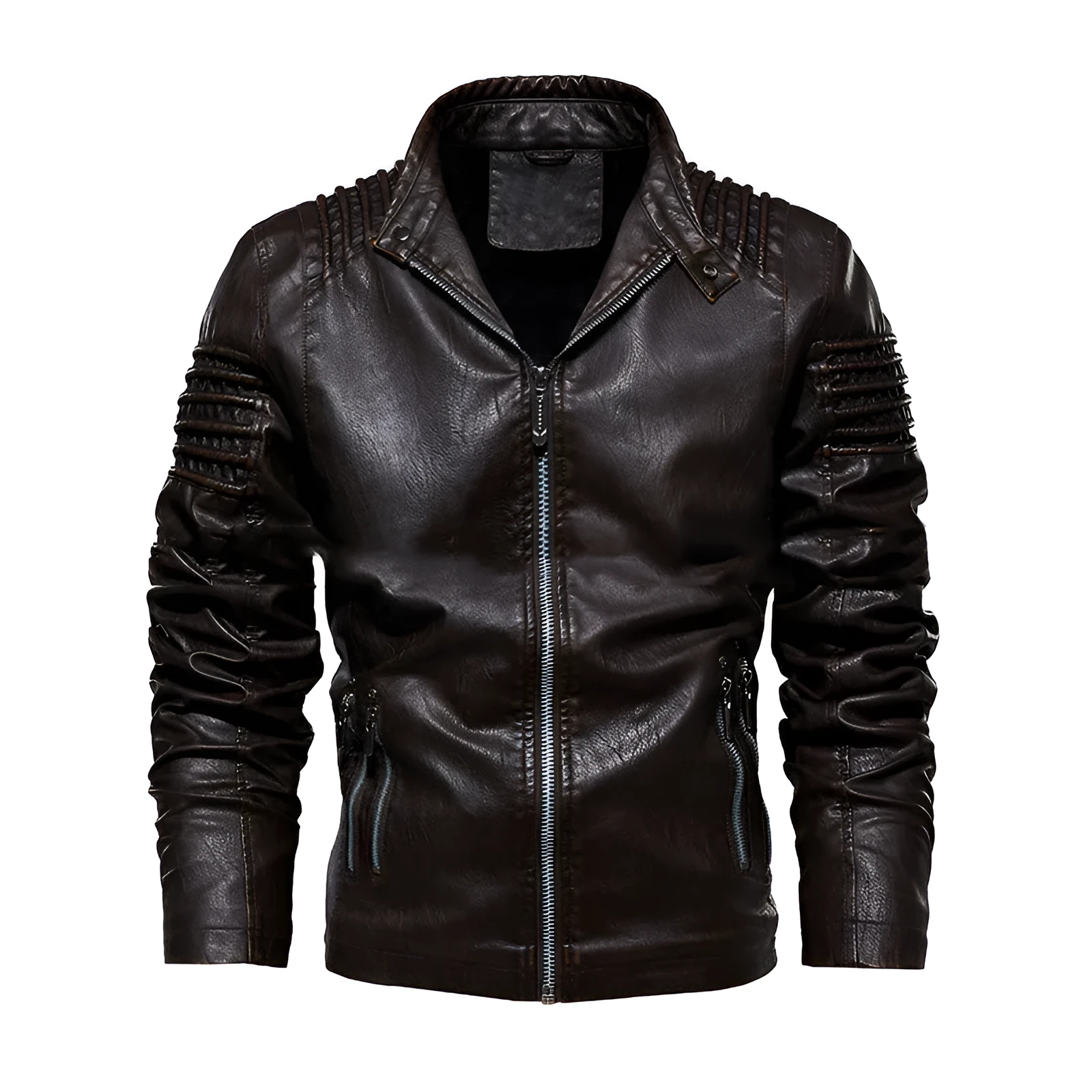 Men's PU leather biker jacket with stand collar, zipper front, and zipper pockets in black