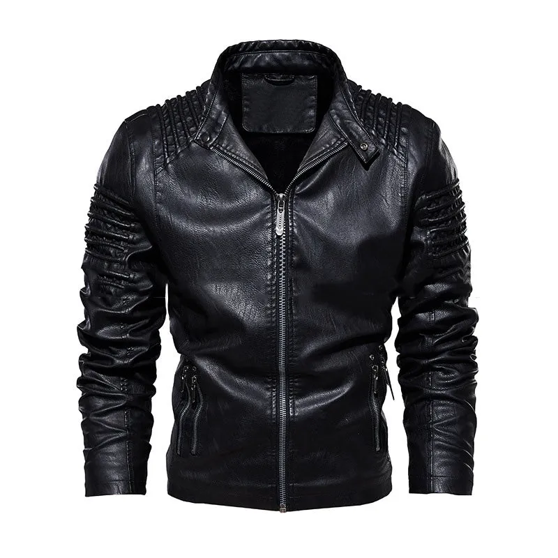 Men's PU leather biker jacket with stand collar, zipper front, and zipper pockets in black