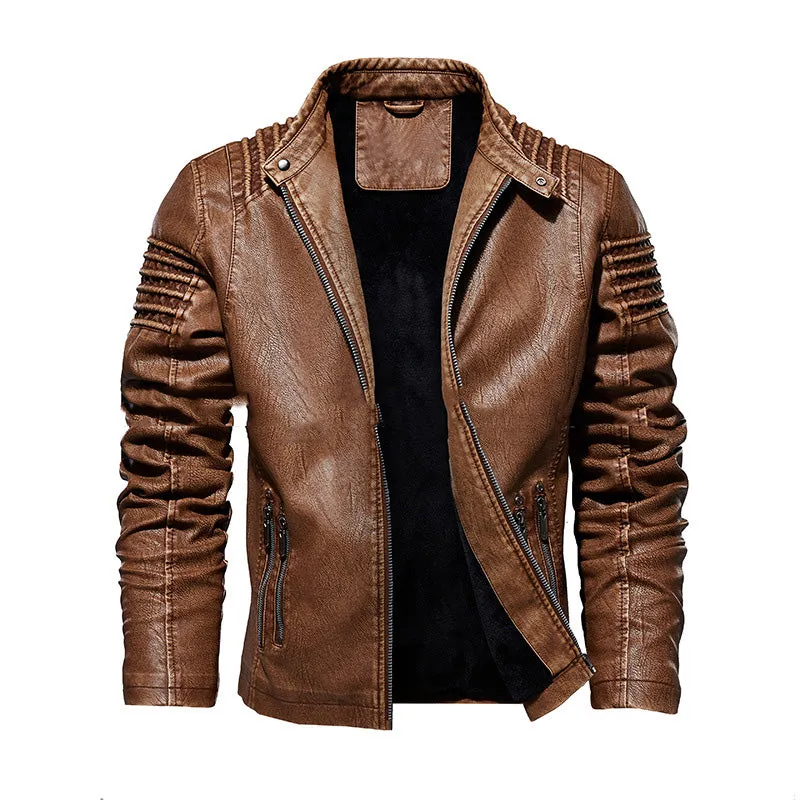 Men's PU leather biker jacket with stand collar, zipper front, and zipper pockets in black