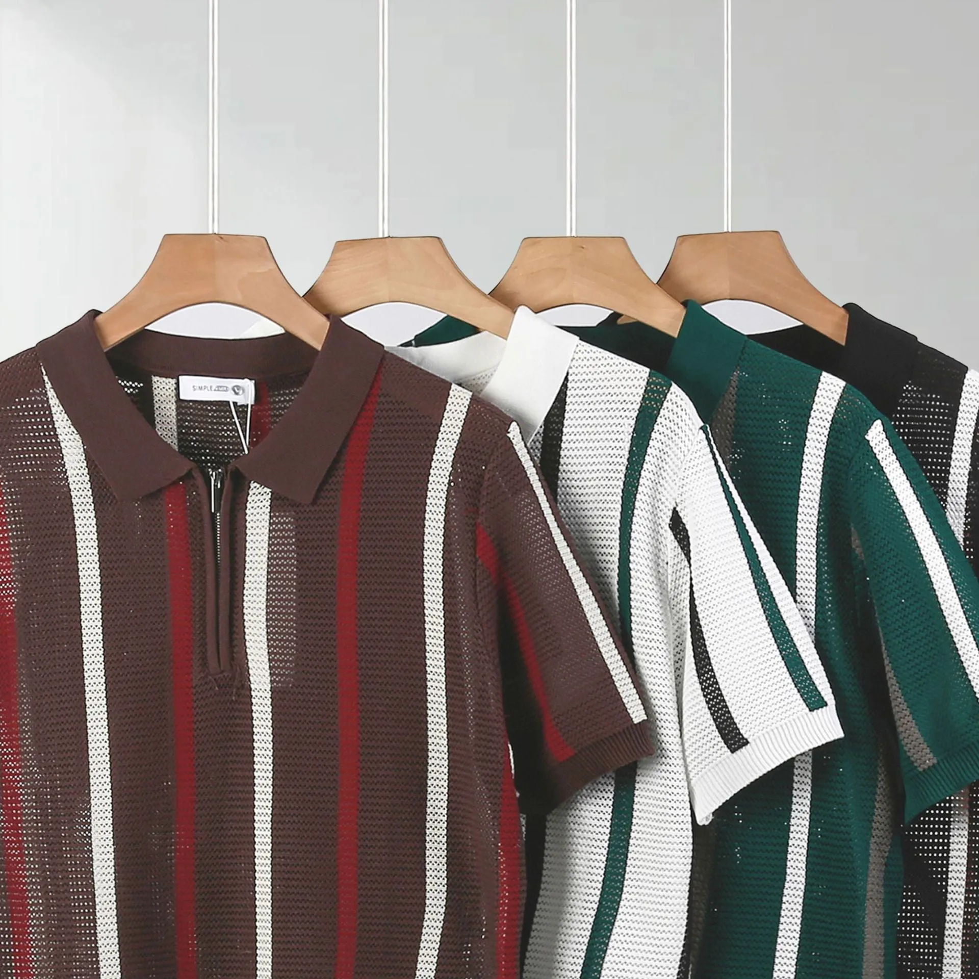 Men's short-sleeved ice silk polo shirt in loose fit with decorative zipper detail.