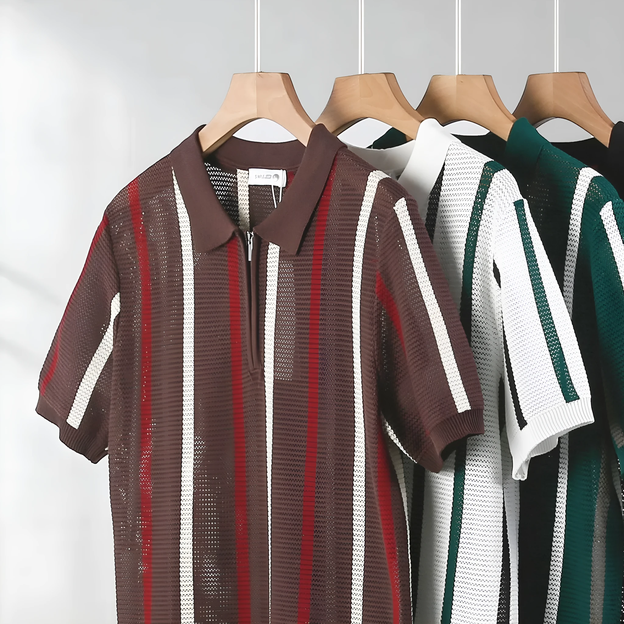 Men's short-sleeved ice silk polo shirt in loose fit with decorative zipper detail.