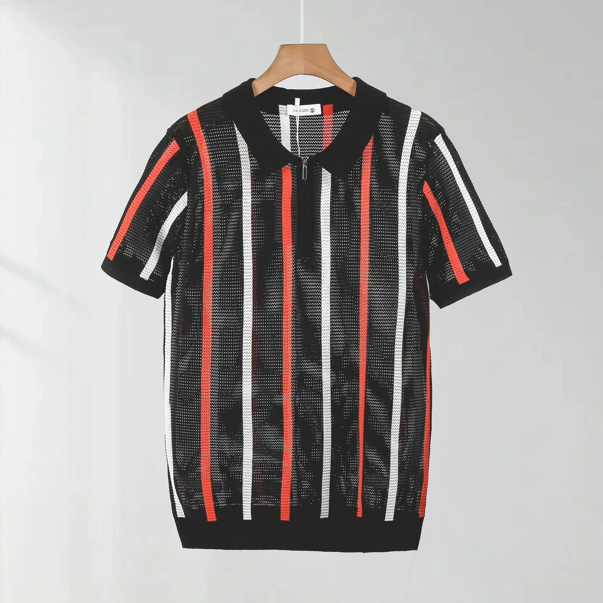 Men's short-sleeved ice silk polo shirt in loose fit with decorative zipper detail.