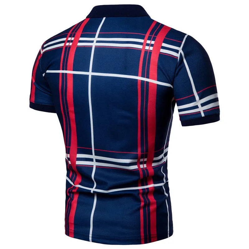 Mens polo shirt check pattern summer casual short sleeve cotton blend top white