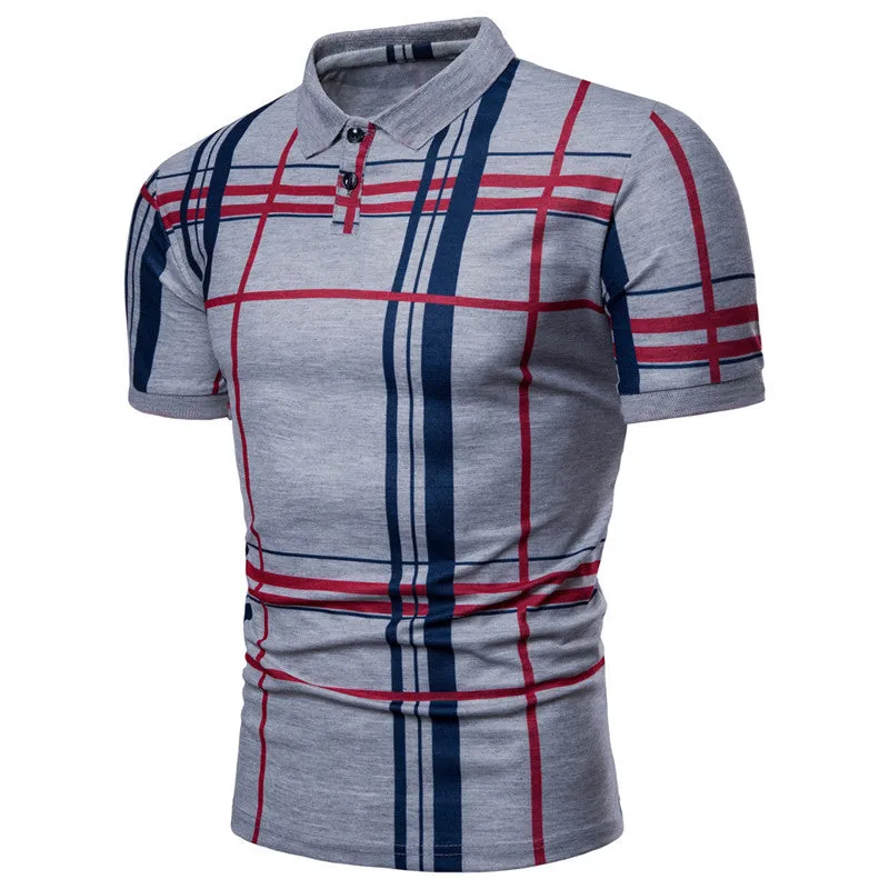 Mens polo shirt check pattern summer casual short sleeve cotton blend top white