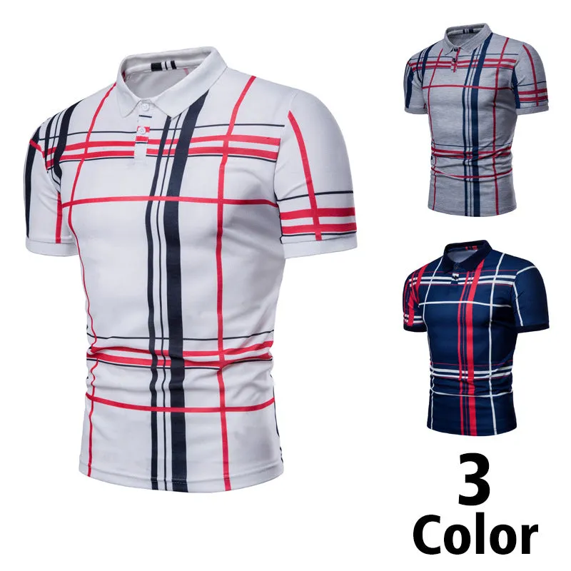 Mens polo shirt check pattern summer casual short sleeve cotton blend top white