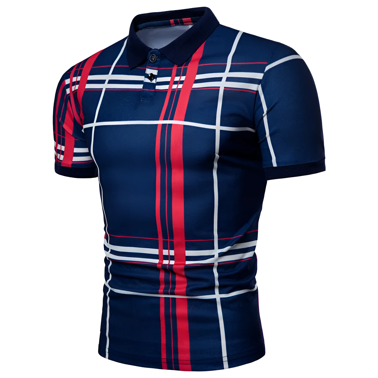 Mens polo shirt check pattern summer casual short sleeve cotton blend top white