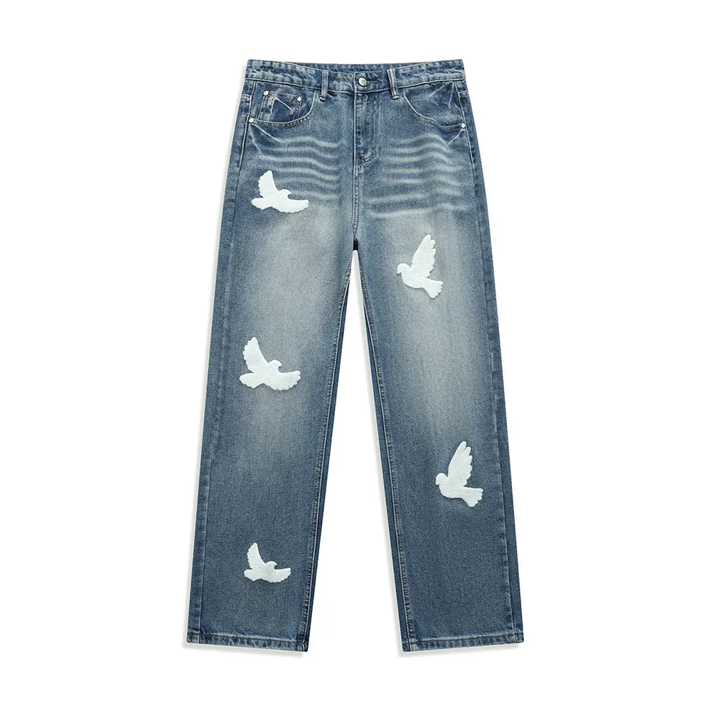 Men's mid-waist straight-leg jeans in blue cotton denim with button placket available in multiple sizes