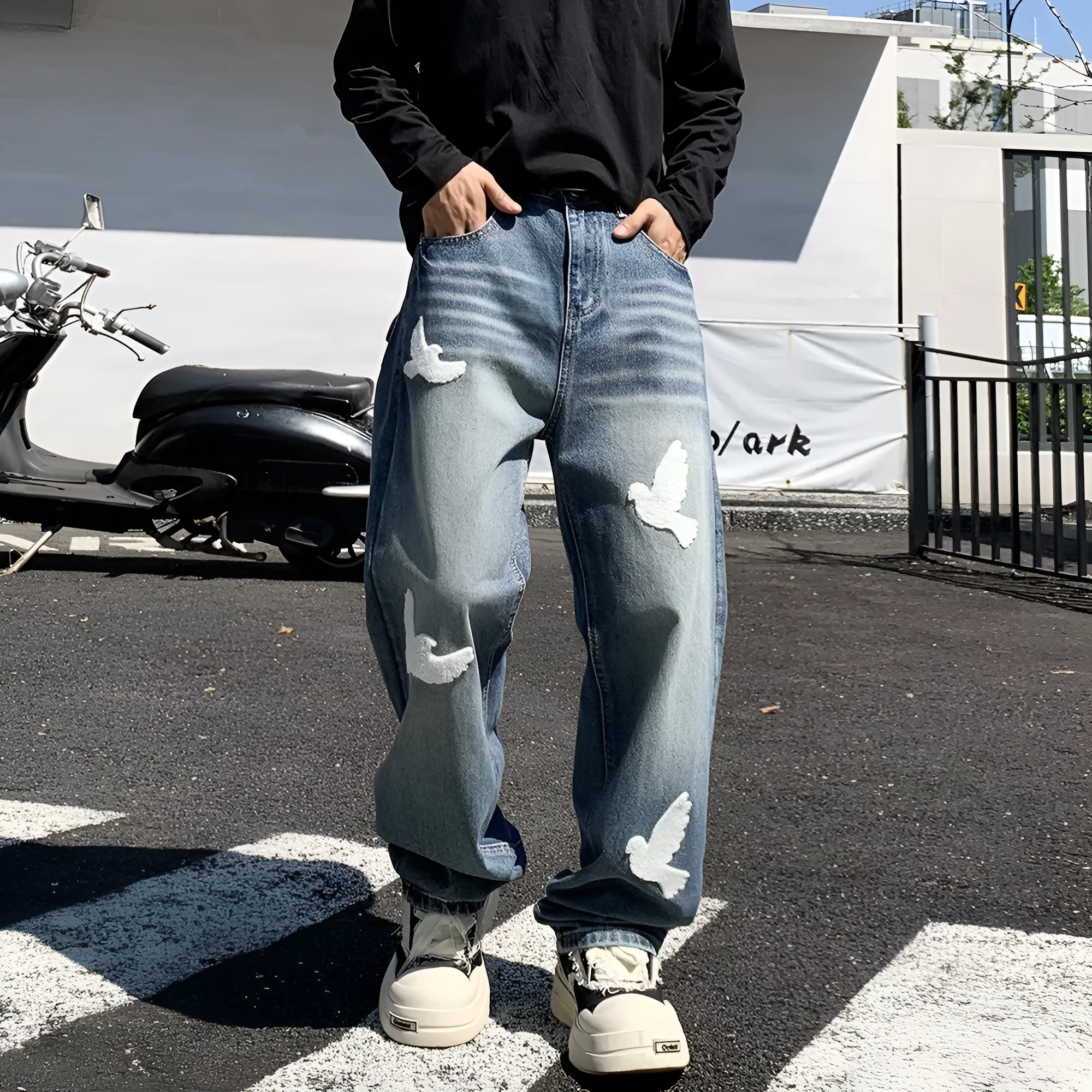 Men's mid-waist straight-leg jeans in blue cotton denim with button placket available in multiple sizes