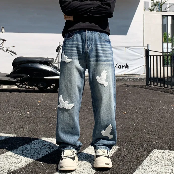 Men's mid-waist straight-leg jeans in blue cotton denim with button placket available in multiple sizes