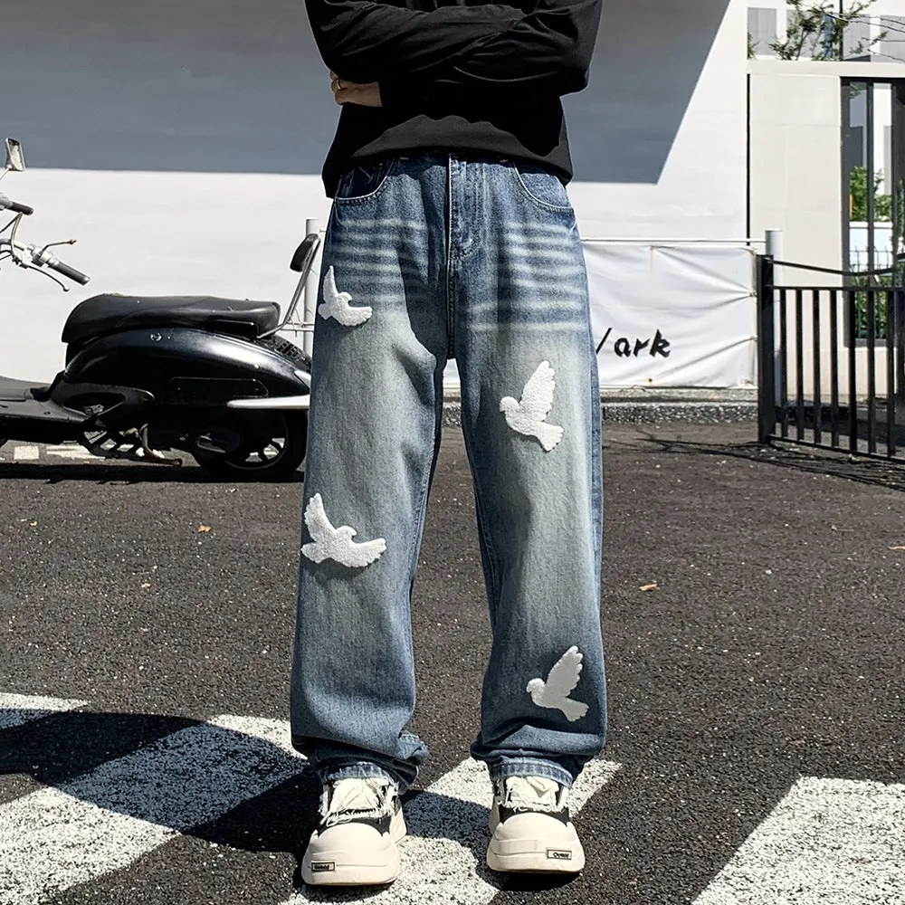 Men's mid-waist straight-leg jeans in blue cotton denim with button placket available in multiple sizes