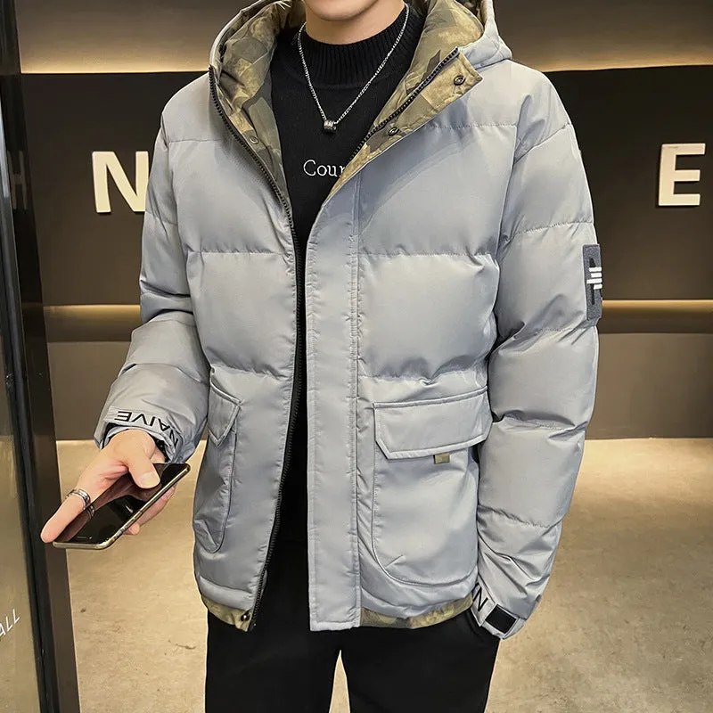 Men's hooded cotton-padded coat in loose cardigan style, black colour, with polyester filling